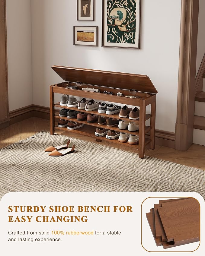 Shoe Rack Bench Seat Rubberwood 3-Tier Wooden Storage Bench 550lbs Compact Mid-Century Modern Design for Entryway, Hallway, Closet, Front Door Entrance, Foyer