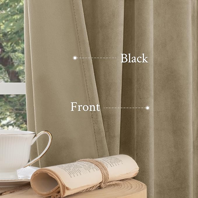 LAMIT Dark Taupe Velvet Curtains 96 Inch for Living Room, Thick Thermal Insulated Curtains Room Darkening Country Decor Back Tab and Rod Pocket Panels for Bedroom, 2 Panels, 52 x 96 Inch