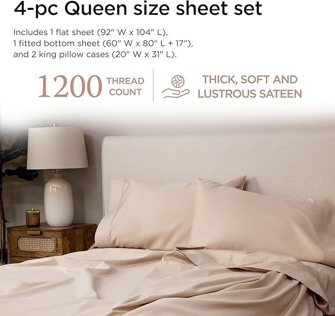 Threadmill Luxury Supima Cotton Sheets, Luxury 1200 Thread Count Soft 100% Cotton Sheets for Queen Size Bed, 4 Pc Beige Bed Sheets Queen Set, 5-Star Hotel Quality Deep Pocket Bed Sheets Set