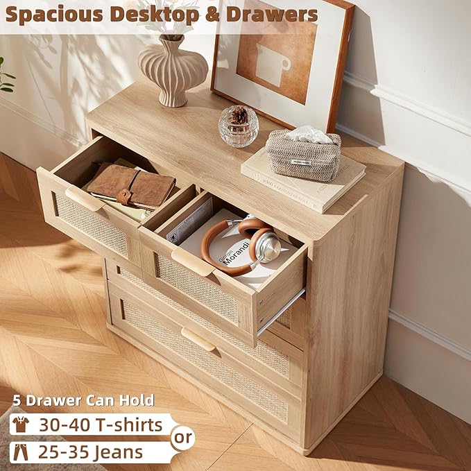 LEYAOYAO Rattan Dresser for Bedroom, 33.5" Tall Chest of Drawers, Modern 5 Drawers Boho Dressers with Storage, Light Oak Dresser Wooden Closet Organizer for Living Room, Hallway, Natural Wood