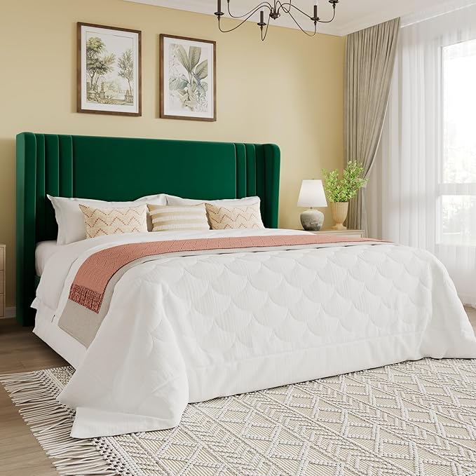 SHA CERLIN Full Size Velvet Upholstered Platform Bed Frame with Vertical Channel Tufted Wingback Headboard, Wooden Slats Support, Easy Assembly, Under Bed Storage, No Box Spring Required, Green