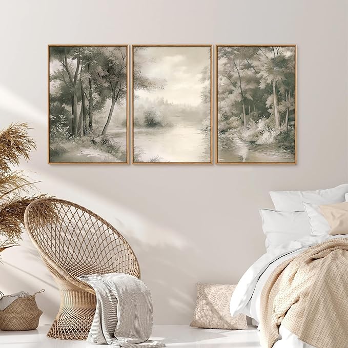 Yeehomedec Vintage Nature Landscape Framed Canvas Wall Art Set, Rustic Misty Forest Sketch Wall Decor, Neutral Wooden Trees Art Print, Retro Foggy Scenery Artwork for Living Room Bedroom Office 16"x24"x3
