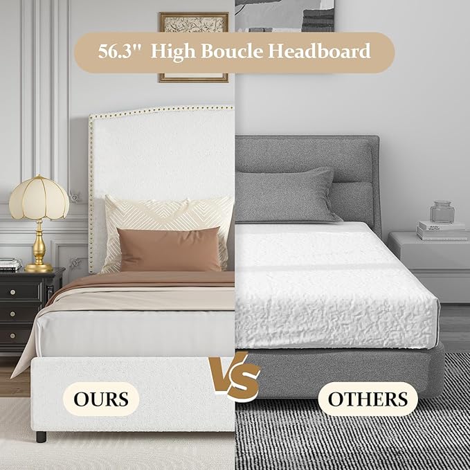 King Size Bed Frame and Headboard, 56" Upholstered Platform Bed with Nailhead Trim, Soft Boucle Fabric, No Box Spring Needed, Easy Assembly, White