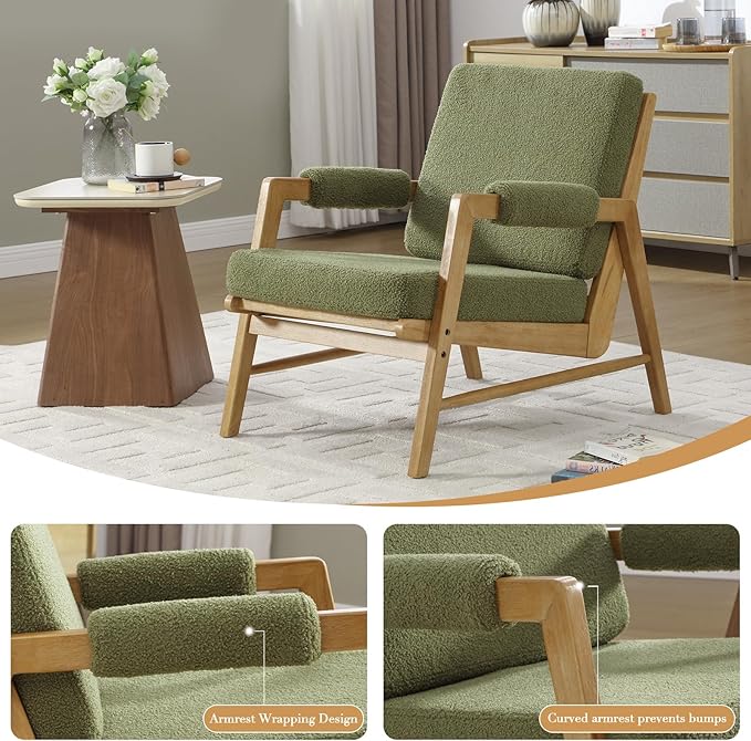 HEAH-YO Modern Accent Chair, Upholstered Boucle Fabric Living Room Chair with Wooden Frame, Comfy Armchair with Thick Cushion for Bedroom Balcony, Green