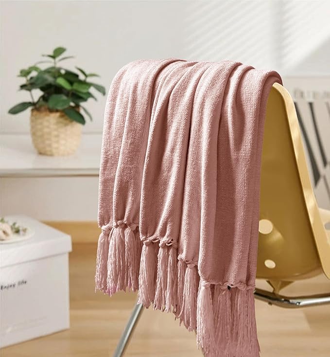 Chenille Throw Blanket for Couch 60"X 80" Twin, Soft Cozy Throws with Fringe Tassel for Bed Sofa Chair Cover, Lightweight Knitted Decorative Boho Blankets for Living Room, Dusty Pink