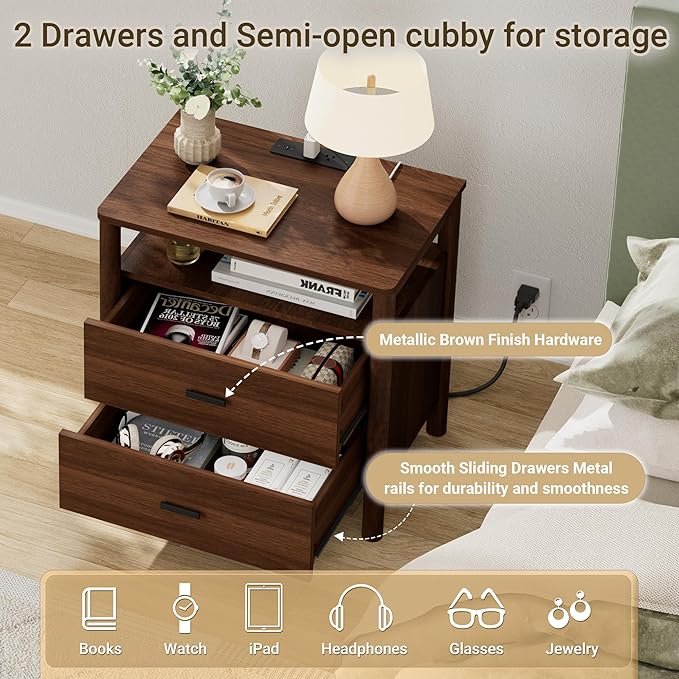 FavourLife Night Stand, 23" Wide Nightstand, Modern Nightstand with Charging Station, 2 Drawer Wooden End Table with Solid Round Post Legs & Open Shelf, Bedside Table w/Storage for Bedroom, Walnut