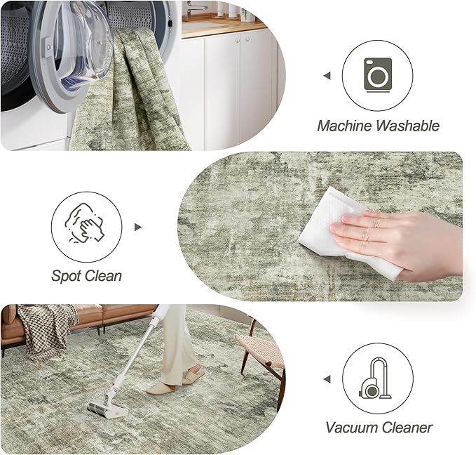 Abstract Rug 5x7 Machine Washable Area Indoor Green Black Low Pile Non-Slip Foldable Thin Accent Rugs for Bedroom Living Room Dining Room
