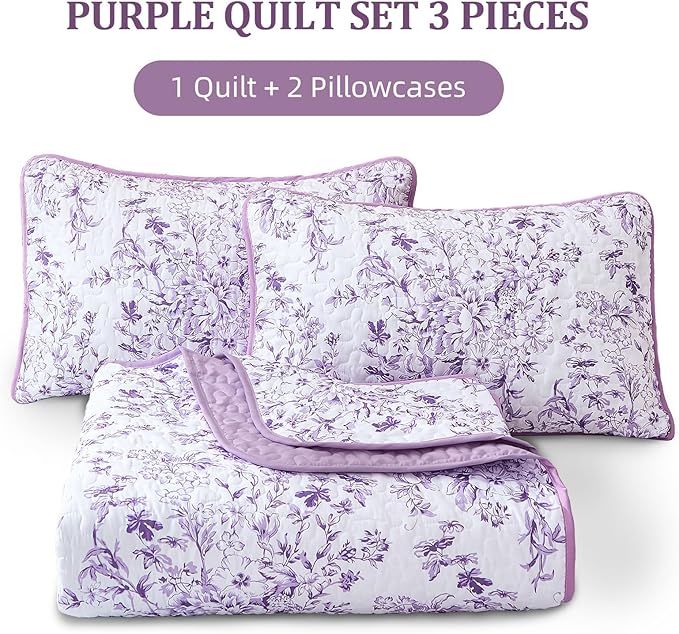 WONGS BEDDING Quilt King Size, Purple Quilt Bedding Set with 2 Pillowcases, Botanical Quilt for King Bed, Soft Microfiber Lightweight Coverlet Bedspread for All Season (110"×90", 3 Pieces)