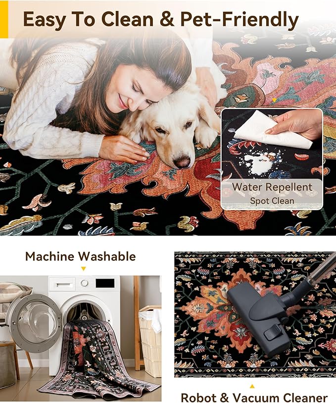 Area Rugs 3'x4' Washable Non-Slip, Floral Vintage Distress Print Pattern Medallion Carpet for Living Room Bedroom Dining Room, Black Colorful Floral Dark Tan