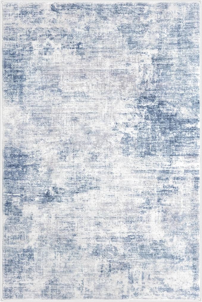 IOHOUZE Abstract Area Rugs 9x12 Ft Washable Large Rugs for Living Room, Non Slip Dining Room Rug, Printed Faux Wool Rugs for Bedroom, Floor Carpet for Office Nursery Playroom, Light Blue White