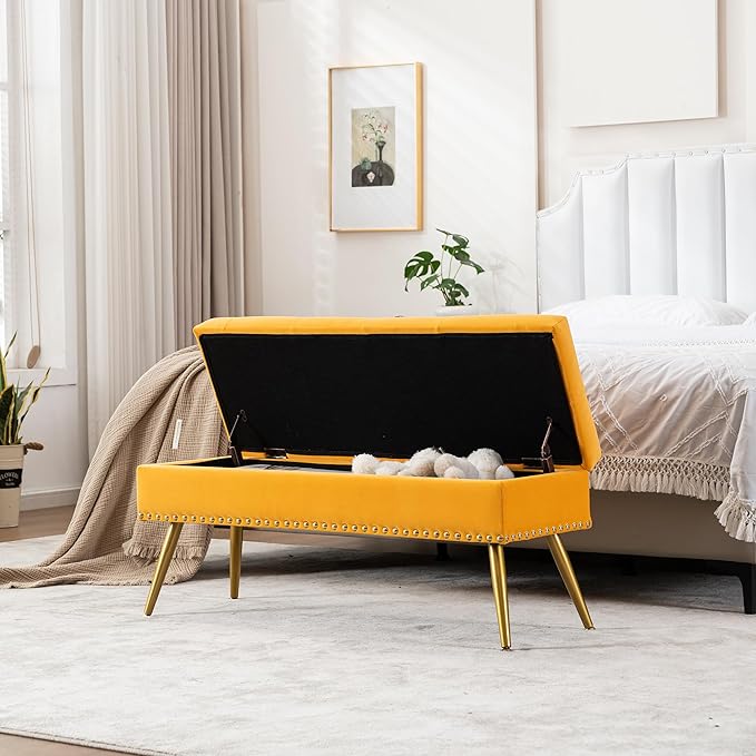 Velvet Storage Bench with Gold Legs& Nailhead Trim, 40" Wide Upholstered Modern Bedroom Bench for End of Bed, Tufted Ottoman for Entryway Living Room Dining Room (Mustard Yellow, 40" Wide)