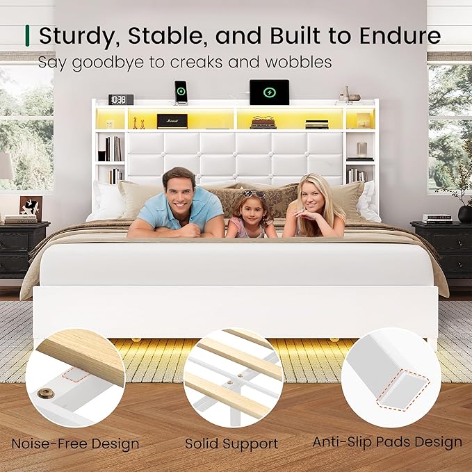 LARMACE Queen Size Bed Frame with 4 Storage Drawers and Bookcase Headboard, Faux Leather Upholstered, Wooden Platform Bed Frame with Charging Station and LED Lights, No Box Spring Needed, White