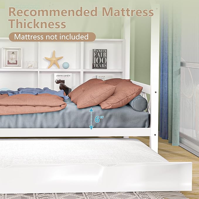 Full House Bed with Trundle Bed for Kids,Wooden Full Size Bed Frame with Roof Guardrails Wood Slats, Headboard for Boys Girls, No Box Spring Required, White