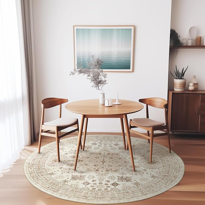 zesthome Washable Round Area Rugs - Non-Slip 6ft Round Rugs, Ultra-Thin Large Circle Rugs for Living Room, Soft Low Pile Rug for Bedroom, Kitchen, Nursery - Vintage Round Rug(Cream/Beige,6'x6')