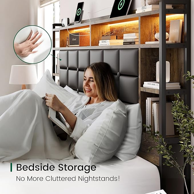 LARMACE Queen Size Bed Frame with 4 Storage Drawers and Bookcase Headboard, Faux Leather Upholstered, Wooden Platform Bed Frame with Charging Station and LED Lights, No Box Spring Needed, Brown