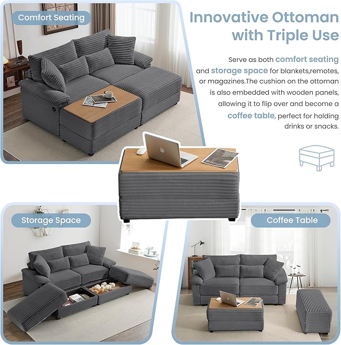 SUNWAVE 74" Double Chaise Lounge Chair Indoor, Oversized Loveseat with Storage Ottoman, Corduroy Couch with USB Charging, Removeable Ottoman, and Coffee Table Cushions for Living Room