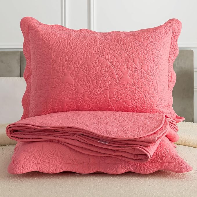 HoneiLife Quilt Sets King Size - Microfiber Bedspreads for King Bed, 3-Piece Lightweight Coverlets, Retro Bedlinen Sets, King Quilt Bedding Set All Season Use-Sugar Coral