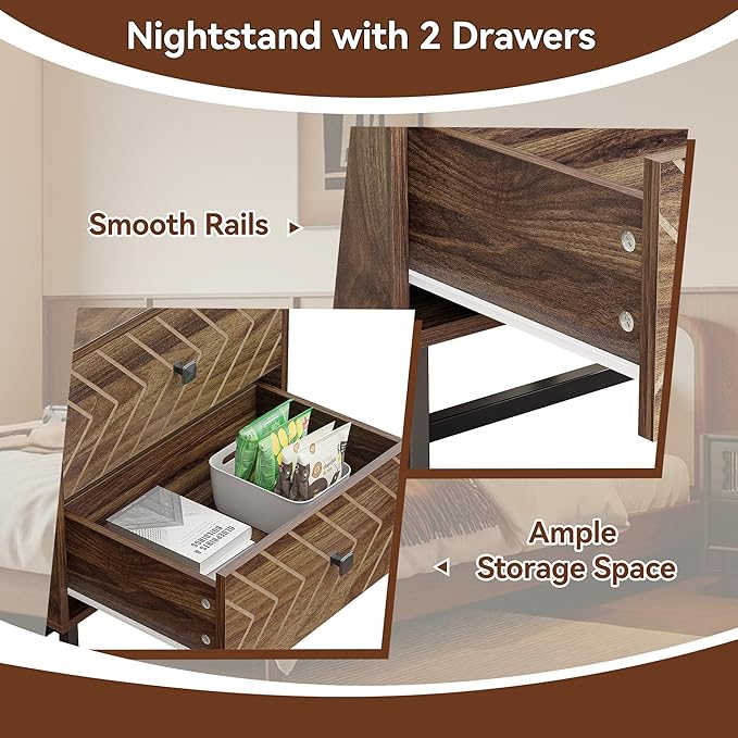 Modern Nightstand with Two Storable Drawers,Sturdy Bedside Table Space-Saving Night Stand with Black Metal Legs for Bedroom,Walnut