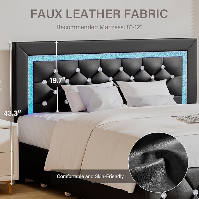 BarnFurin Queen Bed Frame with LED Lights, Upholstered Bed Frame with Storage Drawers, Modern Platform Bed with Diamond Headboard and Footboard, No Box Spring Needed, Black