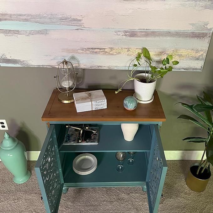 PHI VILLA Blue Accent Cabinets, Small Buffet Sideboad Cabinet, Hollow Carved 2 Door Credenza, Farmhouse Storage Cabinet for Living Room