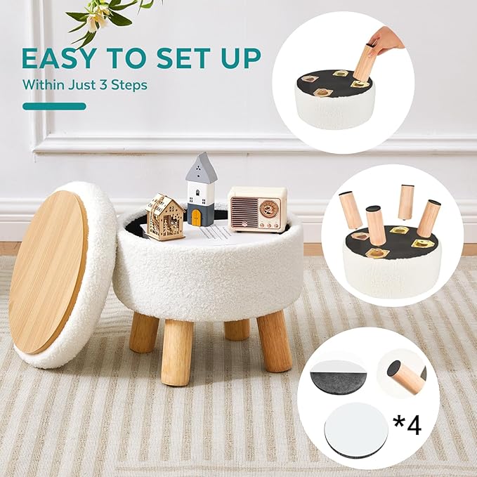 FIMIVIBI Small Ottoman with Storage, Small Storage Ottoman Round, Sherpa Foot Stool with Legs, Ottomans and Footstools for Living Room and Entryway (White)
