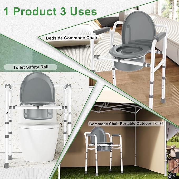 ZOLIQUEX 3 in 1 Bedside Commodes Chair for Seniors with Arms, Portable Width 21.5'' Steel Potty Chair for Elderly Adults with 5 Adjustable Height, Supports Up To 350lb, 6QT Bucket, Tool-Free Assembly