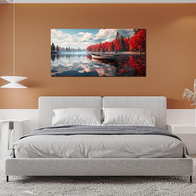 Large Wall Art for Living Room Bedroom Office Red Forest Wall Art Lake Landscape Pictures Modern Artwork Framed Canvas Prints 24x48 Inch