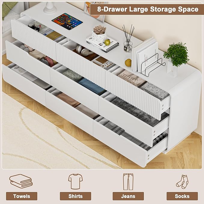 9 Drawer Dresser and 2 Nightstand Sets for Bedroom 3 Pcs Bedroom Set, Modern 57.9" Fluted Dresser with Invisible Handles Nightstand Charging Station, Bedroom Furniture Set for Living Room, White