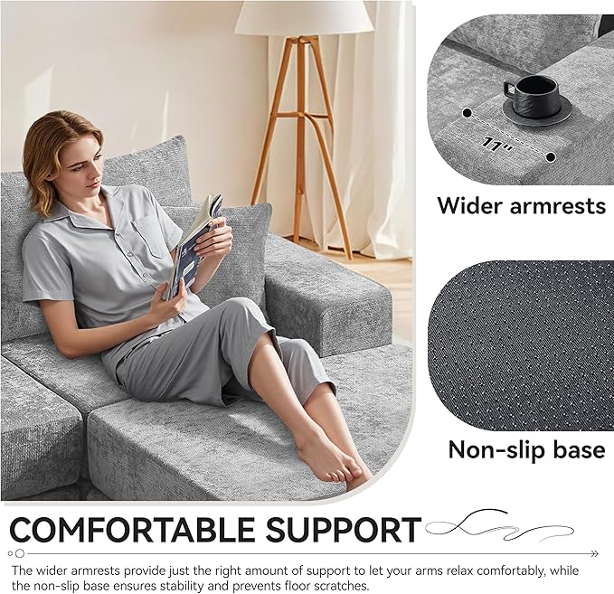 Boneless Sectional Loveseat Couch with Ottoman, Convertible Modular Floor Sleeper Sofa Bed, Comfy Foldable Compression Love Seat Sofa for Living Room, No Assembly, Light Grey
