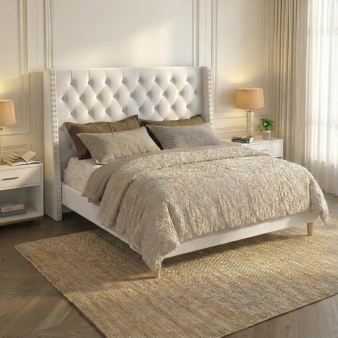 Full Size Bed Frame White Velvet, 47.2" Tall Wingback Headboard with Gold Nailhead Trim, Upholstered Platform Bed with Diamond Tufting, 1000lbs Heavy Duty Support, No Box Spring Needed