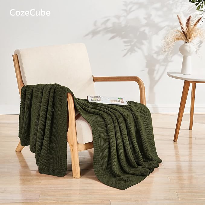 CozeCube Olive Green Throw Blanket for Couch, Soft Cozy Cable Knit Throw for Bed Sofa Living Room, Lightweight Warm Decorative Farmhouse Christmas Blanket, 60"x80", Olive Green