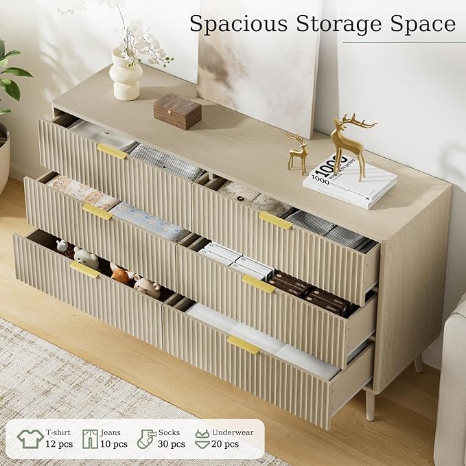 LYNSOM Fluted Dresser and Nightstand Sets 3 Piece, 6-Drawers Dresser and 1-Drawer Nightstands Set of 2, Wood Bedroom Furniture Set for Home, Bedroom, Hallway, Beige
