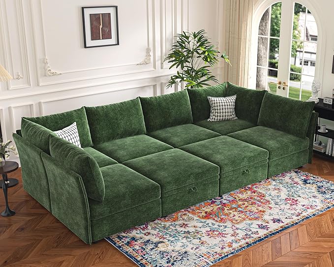 ABCASA 136.4" Oversized Modular Sectional Sleeper Sofa Bed, U Shaped Convertible Couch with Movable Ottoman, Large 8 Seat Corner Couches for Living Room Deep Seat Green Chenille