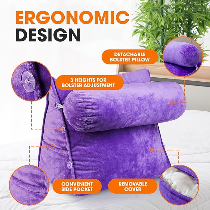 Cheer Collection Reading Wedge Pillow - Adjustable Wedge Reading Pillow with Neck Support, Hollow Fiber-Filled Backrest Pillow for Reading, Gaming, and TV Watching, Purple