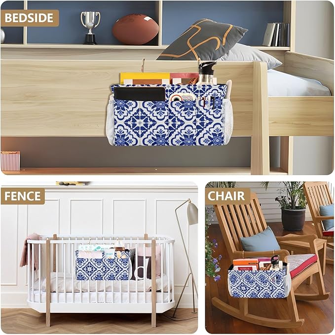 Bedside Caddy Hanging Bunk Bed Caddy Bed Organizer Hanging Pocket with 2 Hooks Bedside Storage Organizer Pocket Bag Holder Floral Blue and White Geometric