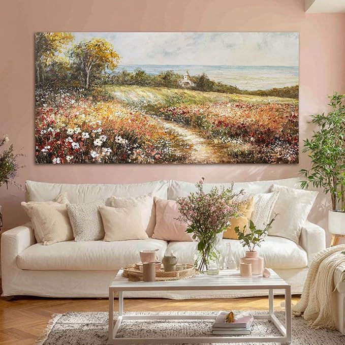 YETHEN WAL Wildflower Meadow Landscape Wall Art with Cottage – Panoramic Country Path Canvas Print, Floral Nature Artwork for Living Room Bedroom, 24x48 Inch