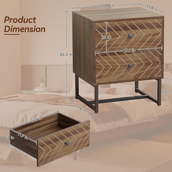 Modern Nightstand Set of 2,Morden Night Stand with 2 Drawers,End Tables with Storage,Bedside Tables for Bedroom,Walnut