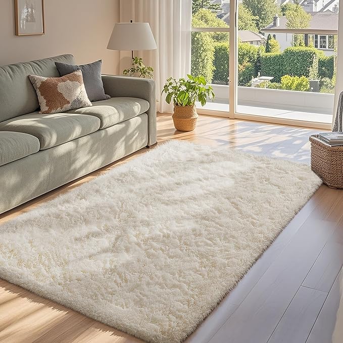 Ophanie 3x5 Rug, Bedside Preppy Dorm Area Rug, College Essentials Non Slip Ivory Small Carpets for Bedroom, Anti Slip Fluffy Living Room Rugs Home Decor Aesthetic, Nursery