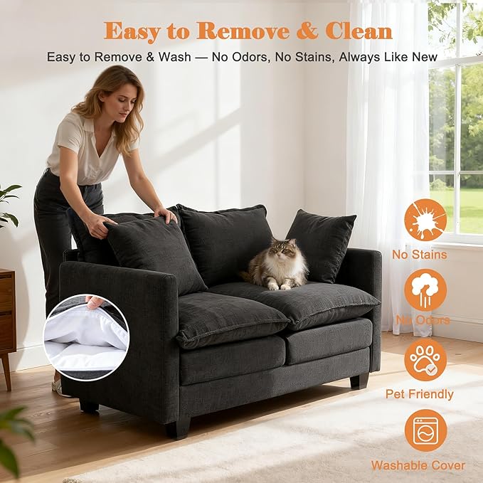 Loveseat Sofa Cloud Sofa Couch 50'', Modern Loveseats 2 Seat Couch 27" Deep Seat with 2 Pillows for Small Spaces Apartment Studio Office Bedroom Living Room 8834-BLACK
