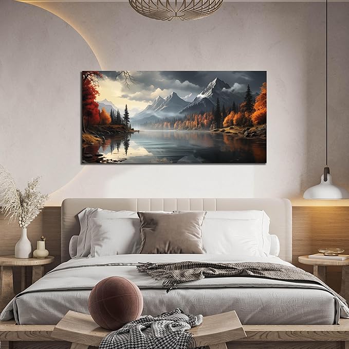 Landscape Wall Art for Living Room Bedroom Home Office Gray Wall Art Mountain Lake Pictures Modern Landscape Large Artwork Framed Canvas Prints 29x59 Inch