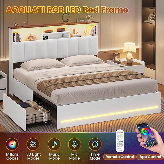 AOGLLATI Full Bed Frame with Stylish Bookcase Headboard & Charging Station & LED Lights,Full Size Bed Frame with 4 Storage Drawers, Metal Slats, No Box Spring Needed,White
