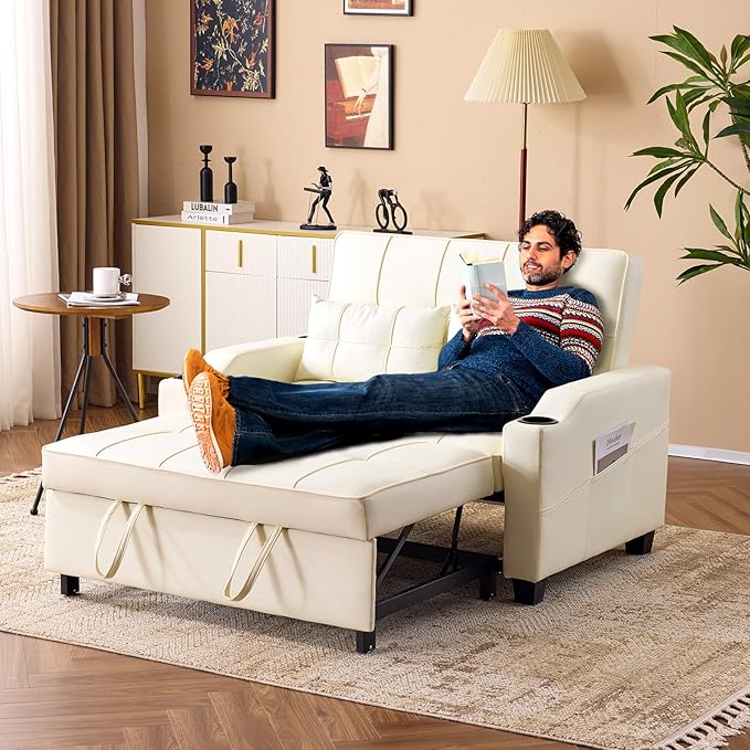 VINGLI Beige Futon Sofa Bed Convertible Loveseat Sleeper Couch, Faux Leather Pullout Sofa Fold Out Couch Bed with USB Ports, Cup Holders, Armrest for Living Room, Bedroom Apartment Room