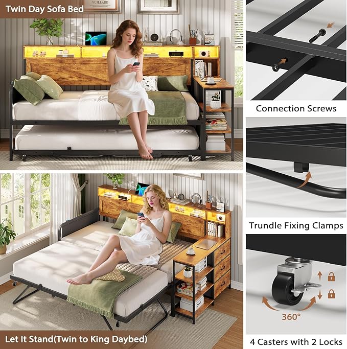 VIAGDO Daybed Twin with Pop Up Trundle, Farmhouse Wooden Day Bed Frame with 3 Storage Drawers and Shelves, Twin to King Daybed with Charging Station and LED Lights for Bedroom, Rustic Brown
