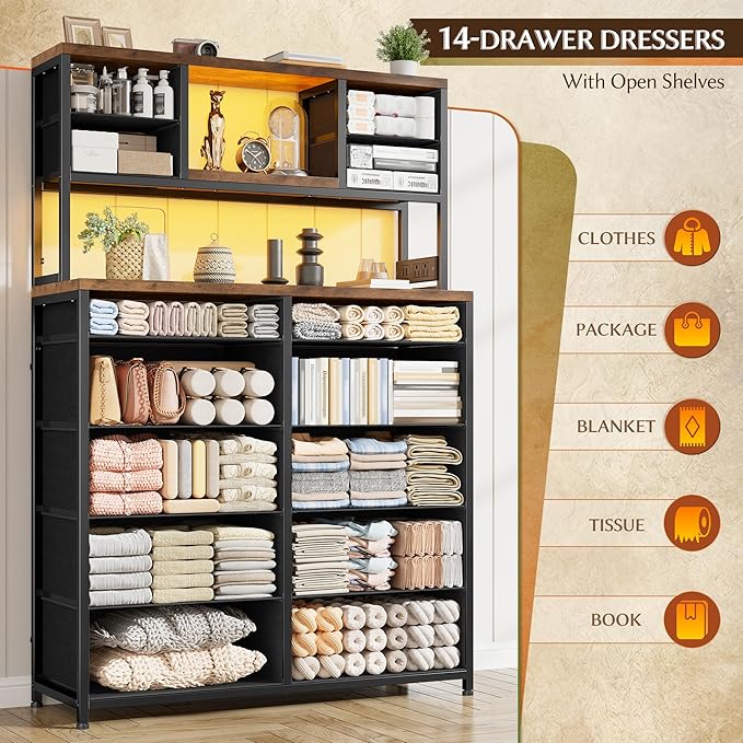 EnHomee 62.8" H Dresser for Bedroom with 14 Drawers,Fabric Dresser with Charging Station and LED Lights,Dressers & Chests of Drawers for Bedroom, Steel Frame & Wooden Top,Rustic Brown