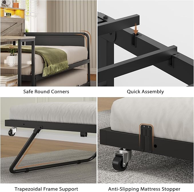 VIAGDO Daybed Twin with Pop Up Trundle, Farmhouse Wooden Day Bed Frame with 3 Storage Drawers and Shelves, Twin to King Daybed with Charging Station and LED Lights for Bedroom, Guest Room, Grey