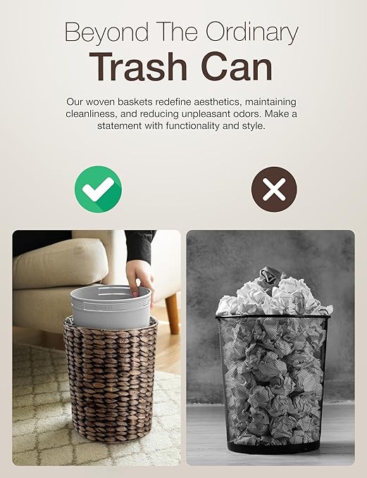 2 Gallons Wicker Waste Basket - Water Hyacinth Bathroom Trash Can - Garbage Can with Lid Boho Style - Wicker Trash Can with Lid for Bedroom, Kitchen - Removable Liner, Handwoven (Black Color)
