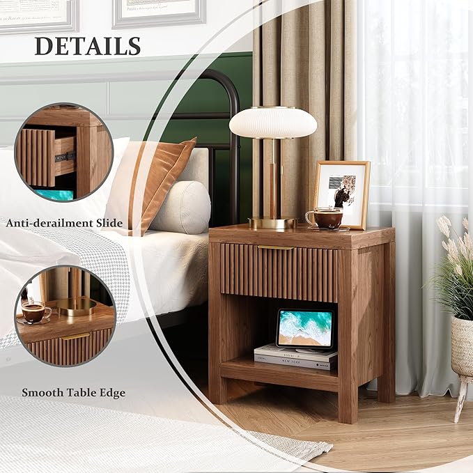 Nightstand Set of 2, End Table with 2 Drawers, Modern Bed Side Table with Storage, Farmhouse Fluted Cabinet Bedside Cabinet for Bedroom Living Room Sofa Couch Office (Walnut-2)