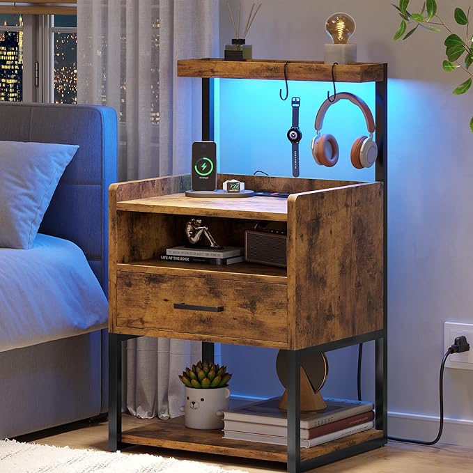 VIAGDO Rustic Brown Nightstands Set of 2 with Charging Station and LED Lights, LED Night Stand Set 2 with Drawer, Rustic End Side Table with Open Storage Shelves, Bedside Tables for Bedroom, Office