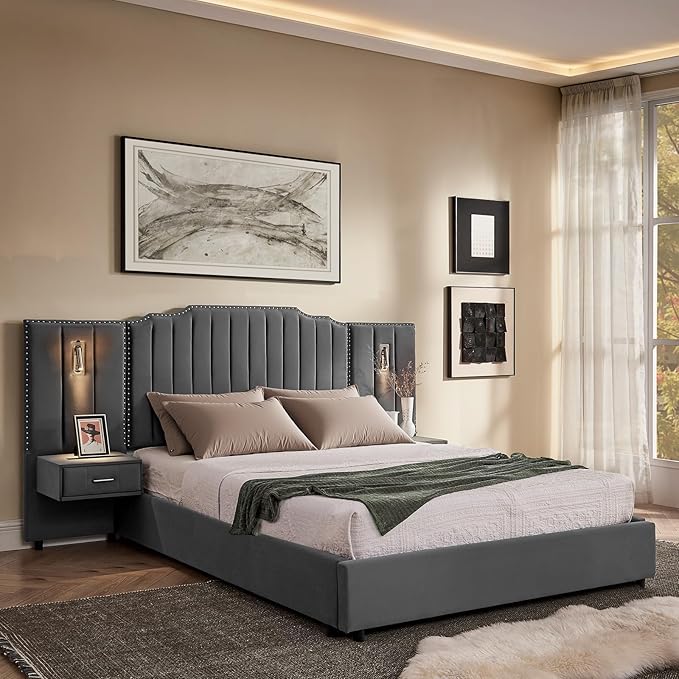Luxury Queen Bed Frame with Headboard and Storage, Velvet Fabric Upholstered Platform Bed Frame Queen Size with LED Lights, Solid Frame & Bedside Table, No Box Spring Needed, Gray