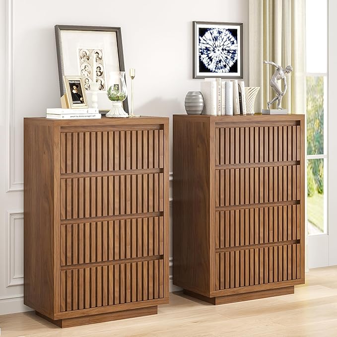 Fluted 4 Drawer Dresser, Mid Century Small Dresser for Bedroom, Wood Chest of Drawers, Modern Closet Clothes Organizer, Walnut Wooden Storage for Living Room, Brown